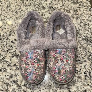 Skechers Bobs Too Cozy 113486 Womens 6.5 Slippers Gray Puppy Print Slip-On Shoes